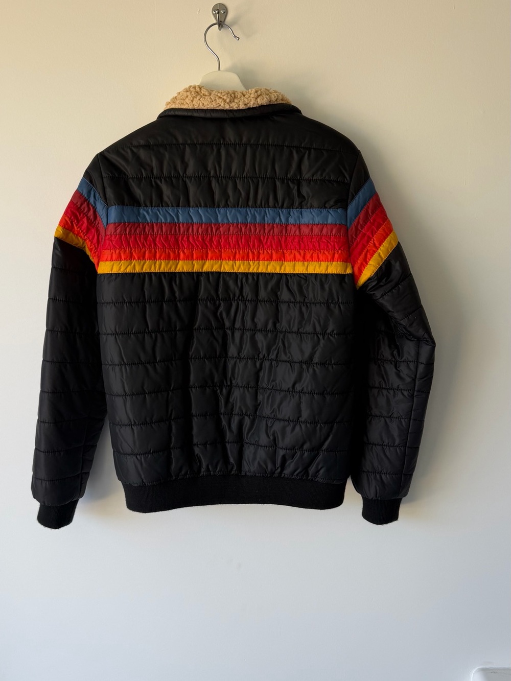 Aviator Nation Women’s Quilted Jacket with Multicolor Stripe and Sherpa Collar - Picture 3 of 5